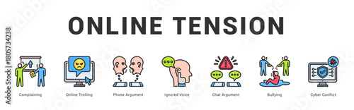 Online Tension Modern and clean web banner illustration featuring thematic icons for visual communication