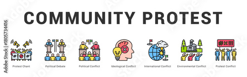 Community Protest Modern and clean web banner illustration featuring thematic icons for visual communication