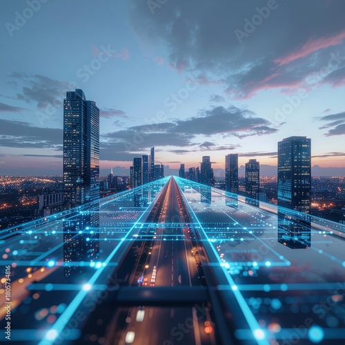 Futuristic Cityscape with AI Hologram Overlay