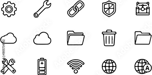 A versatile collection of thin line icons for web and mobile user interface design, illustrating concepts like settings, tools, connectivity, and data management
