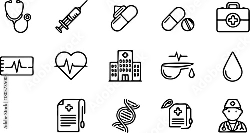 A comprehensive set of black and white line art icons representing various medical and healthcare concepts, including hospital, doctor, medicine, and diagnostics for graphic design