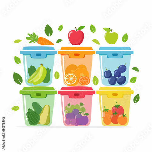Different food in plastic or glass containers vector set
5