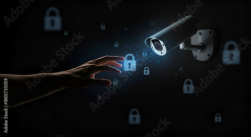 Human hand interacts with glowing digital padlock, symbolizing cybersecurity and data privacy protection, monitored by a surveillance camera for network security concepts