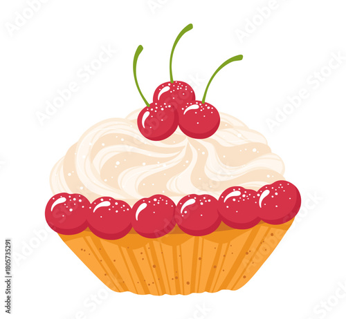 Cream dessert with whipped vanilla cream short crust pastry and cherries hand drawn texture illustration. Sweet tartlet pastry dessert art. Vector hand drawn cartoon cream puff design for menu, print