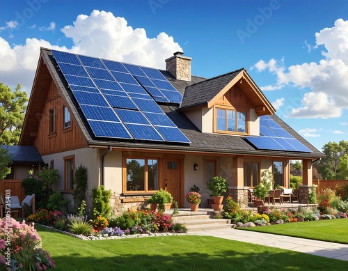 A charming, two-story house with a slate roof features solar panels. The yard is lush with greenery and flower gardens, under a sunny sky