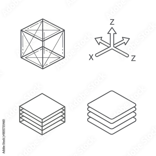 A collection of four thin line icons representing 3D space, layers, and geometry for technical concepts.