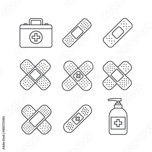 A collection of black line art icons representing first aid supplies, including a medical kit, adhesive bandages, and hand sanitizer.