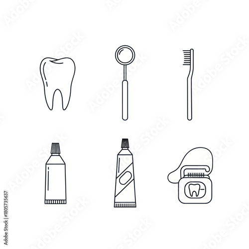 A set of simple line art icons representing dental care, oral hygiene, and stomatology tools.