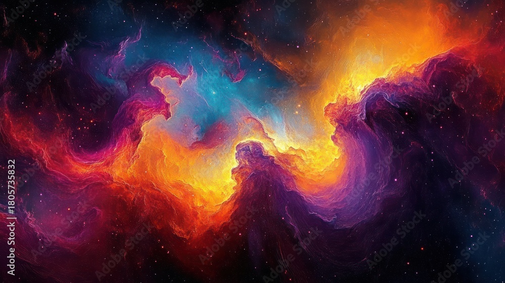 Obraz premium Vibrant swirling cosmic nebula of glowing orange, purple and blue clouds and distant stars evoking wonder and awe