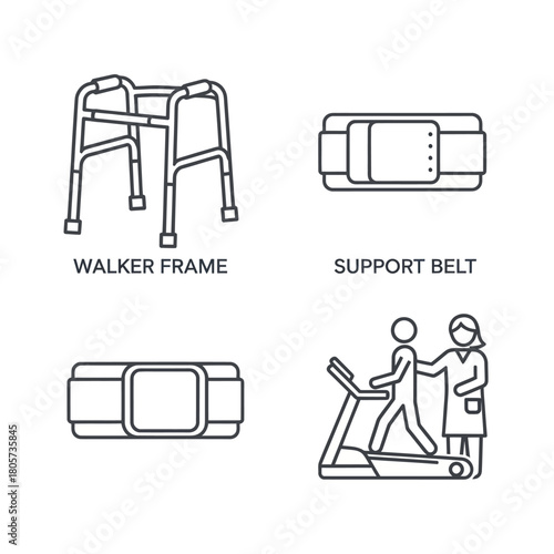 Medical rehabilitation and physical therapy line icon set with walker frame, support belt, and therapist.