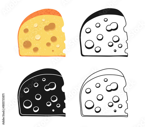 Cheese with holes cartoon clipart illustration and simple stylized symbols set. A piece of Swiss cheese slice linear doodle contour icon or spotted silhouette. Vector design for food or dairy projects