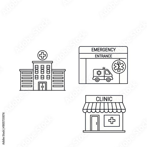 Medical building icon set including a hospital, emergency entrance, and clinic in a black line art style.