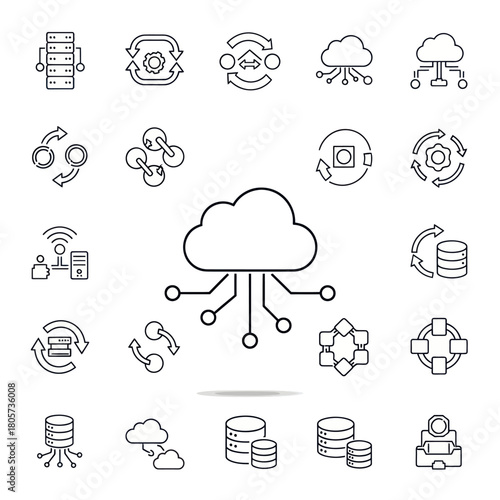 Technology and data science thin line icon set. Includes cloud computing, server, database, and network symbols.