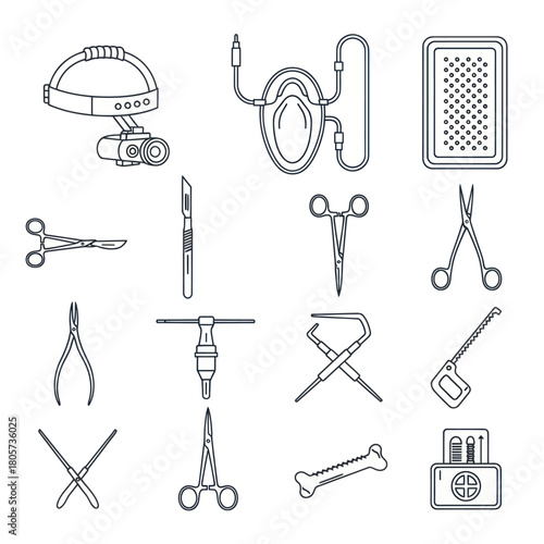 Surgical instruments and medical equipment outline icon set for healthcare design