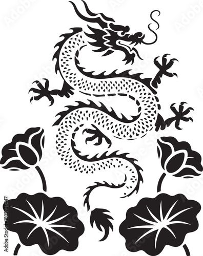 Ornate black dragon gracefully coils above blooming lotus flowers on a white background