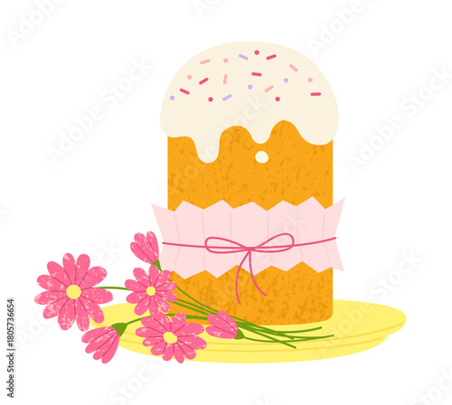 Easter cake and flowers for Happy Easter card, postcard, invitation, poster. Holiday Easter bakery cute sweet bread with icing sweet pastry. Hand drawn vector grainy texture isolated illustration