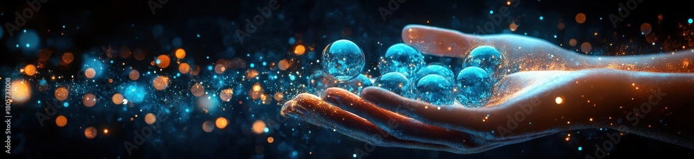 Obraz premium cupped hands holding glowing blue glass spheres amid scattered golden and cyan sparks and luminous bokeh, shimmering dust conveying wonder and serenity