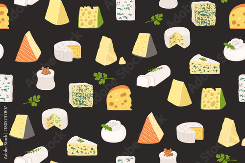 Cheese seamless pattern cartoon illustration. Brie, Camembert Swiss cheese holes Parmesan trendy boundless dark background. Vector endless design paper print, fabric textile, wrapper backdrop template
