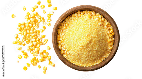 Bowl of cornmeal and scattered corn kernels isolated on transparent background