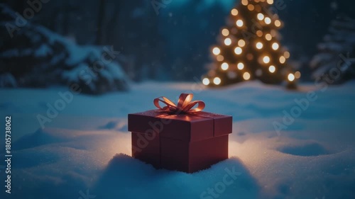 Cinematic reveal shot of a single elegant gift box placed in snowy outdoor scenery
