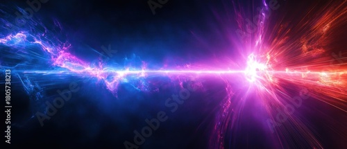 Intense cosmic energy beam collision across dark space with blue and pink plasma streaks and exploding red flare, dramatic and powerful
