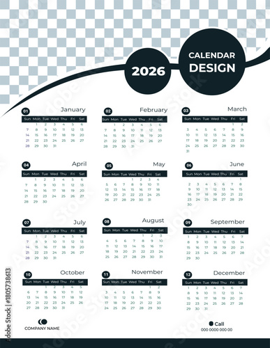 2026 calendar design template with twelve months and company information