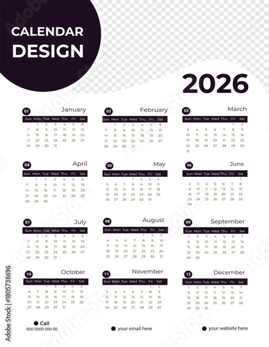 2026 calendar design template with twelve months