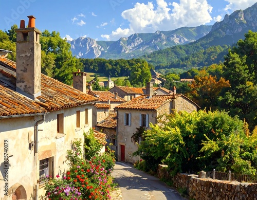 A charming village nestled amidst lush green trees and rocky mountains under a bright blue sky, the street lined with stone buildings