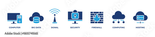 Secure Computing Icons set vector illustration blue with Computer, Big data, Signal, Security, Firewall, Computing, Hosting