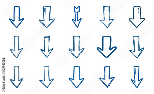 Sketchy blue hand-drawn down arrows set, doodle pointer icons
