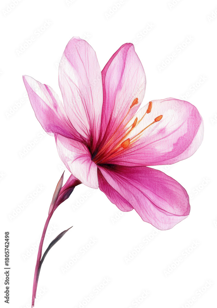 Naklejka premium Watercolor painting of a pink flower with delicate petals and a slender stem, isolated on transparent background, showcasing the beauty of nature in a simple design