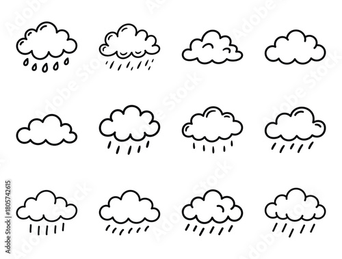 Collection of hand drawn weather forecast clouds and rain doodles
