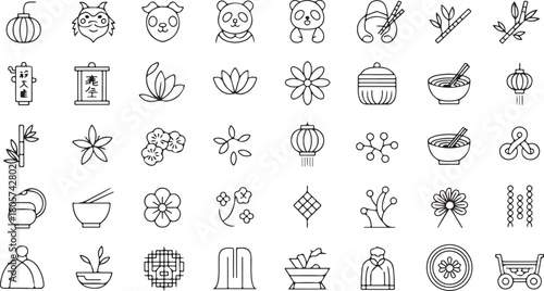 Various outline style black icons exhibit distinct Asian elements on a transparent backdrop