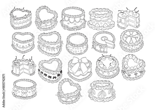 Hand Drawn Vintage Cake Collection Outline Vector, Hand Drawn Valentine Vintage Cake Line Art Doodle, Coquette Vintage Birthday Cakes Coloring Page Hand Drawn Design