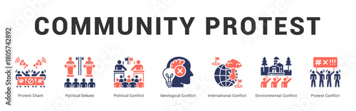 Community Protest Modern and clean web banner illustration featuring thematic icons for visual communication