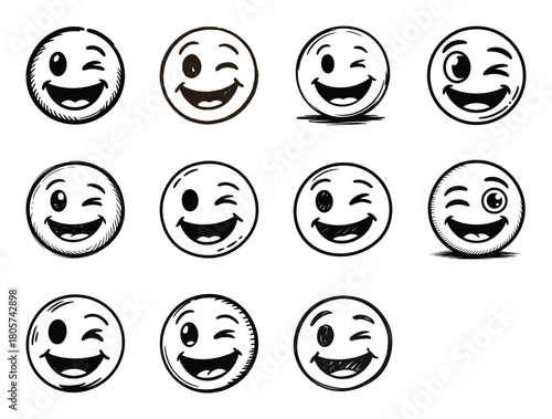 Hand drawn winking emoji set. playful and happy cartoon smileys isolated.