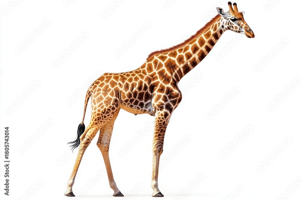 Fototapeta premium calm graceful giraffe standing in profile on a white background showing long neck and patterned coat