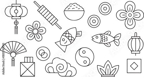 Various traditional Chinese symbols feature black outline drawings of lucky fish, flowers, cloud and lanterns