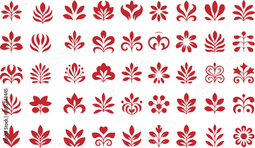 Elegant collection of stylized red floral ornaments offer diverse designs on a seamless white backdrop