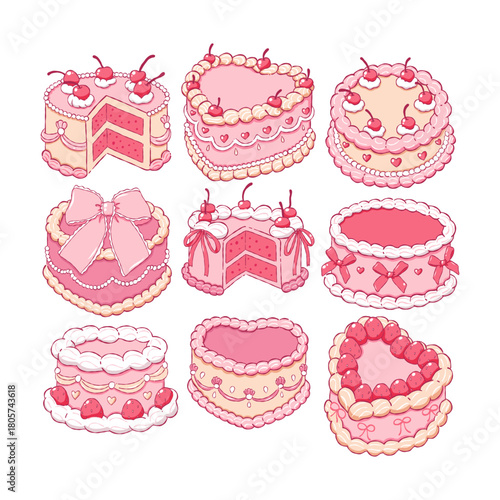 Vintage Cake Collection Vector, Hand Drawn Preppy Valentine Cake Doodle, Girly Coquette Cakes Love Vibes Hand Drawn Design Vector