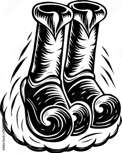 SVG cute Merry Christmas and Happy New Year design. Vintage Style Illustration of Fancy Boots in Dynamic Action