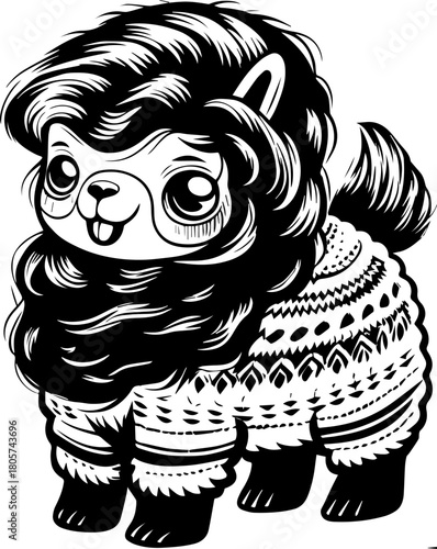 SVG cute Merry Christmas and Happy New Year design. Adorable Cartoon Alpaca Character with Stylish Wool Sweater Design