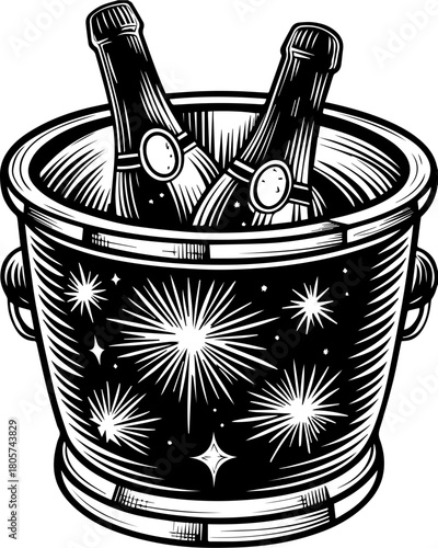 SVG cute Merry Christmas and Happy New Year design. Stylish Ice Bucket with Champagne Bottles for Celebratory Occasions