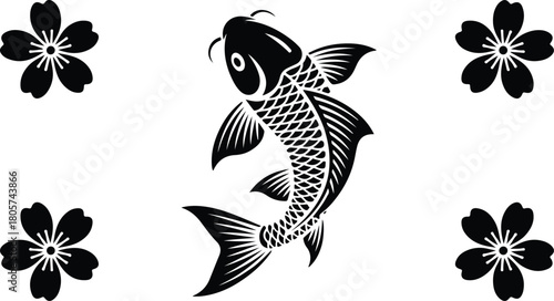 Koi fish swimming amongst the blossoming cherry flowers, the design is isolated on white
