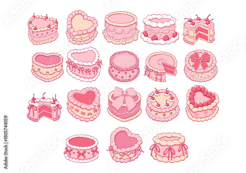 Vintage Cake Collection Vector, Hand Drawn Preppy Valentine Cake Doodle, Girly Coquette Cakes Love Vibes Hand Drawn Design Vector