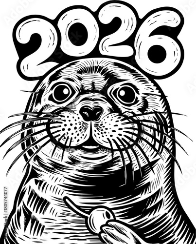 SVG cute Merry Christmas and Happy New Year design. Cute Seal Illustration with 2026 Text in Black and White Design