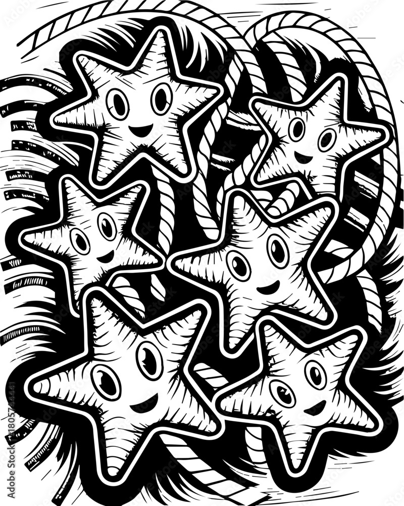 Obraz premium SVG cute Merry Christmas and Happy New Year design. Fun Cartoon Stars with Smiling Faces and Whimsical Swirls