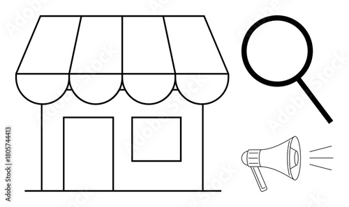 Small storefront with awning, large magnifying glass, and megaphone. Ideal for marketing, branding, advertising, search, sales online shopping startup strategies. Simple flat metaphor