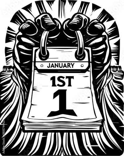 SVG cute Merry Christmas and Happy New Year design. Hands Holding Calendar Page for January 1st Celebration Theme