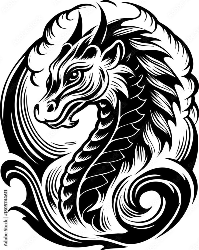 Obraz premium SVG cute Merry Christmas and Happy New Year design. Majestic Dragon Head in Bold Black and White Artistic Design
